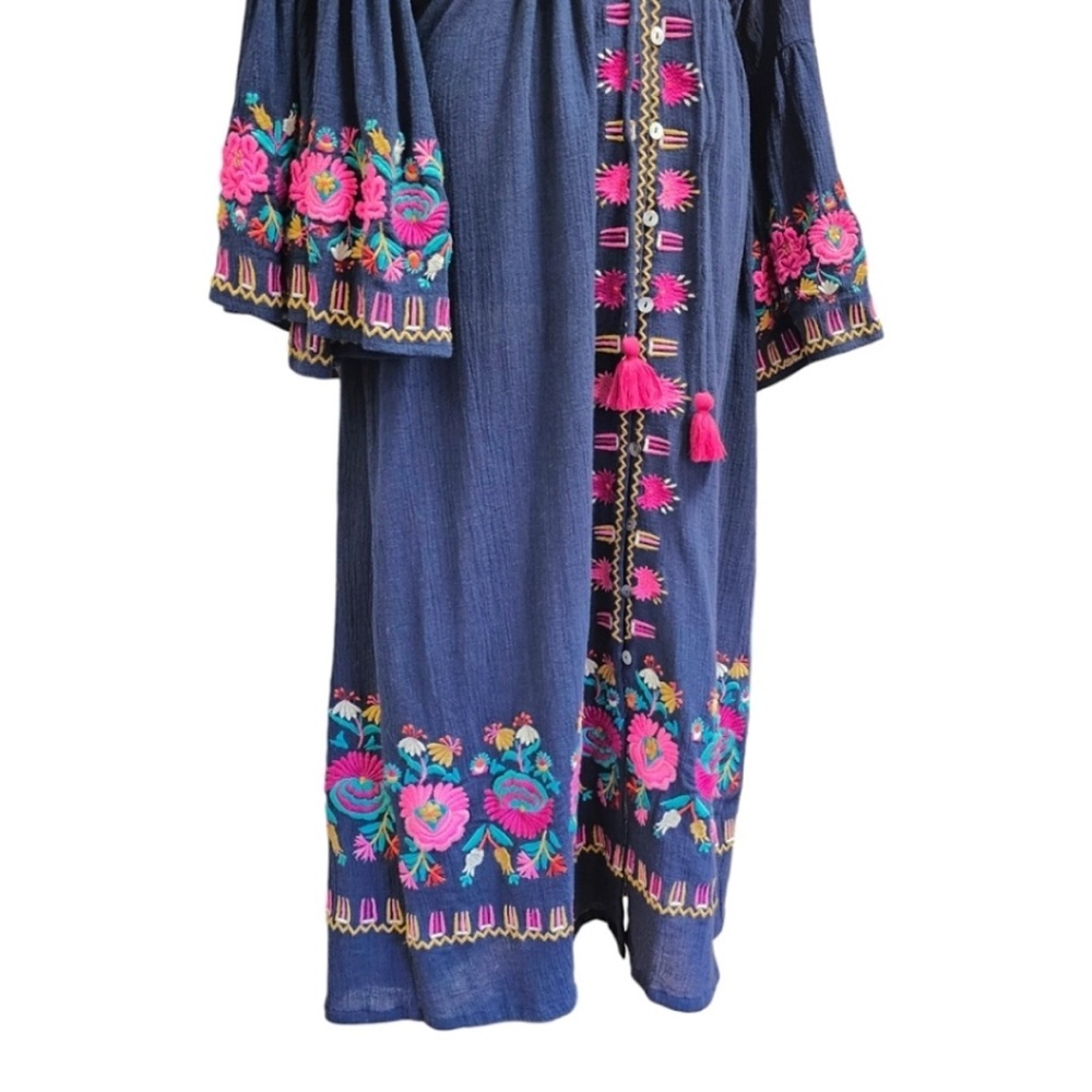 FIGUE Blue Cotton V-Neck Bell Sleeve Button Up Midi Dress Bohemian Princess L - Picture 7 of 11